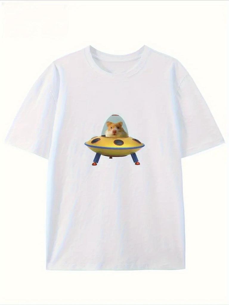 Cute Hamster Pilot UFO Graphic T-Shirt Women Space Adventure Print Tee Harajuku Short Sleeve Casual Fashion Streetwear Top