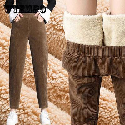 Mulheres cordeiros lã calça inverno grosso quente cashmere calças veludo feminino cor sólida calças soltas