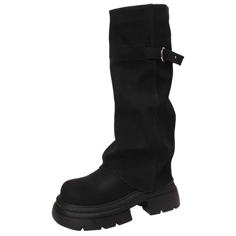 Women Boots Block Heel Fold Vintage Pleated Stack Western Boots Women'S  Round Toe Studded Knee-Free Knee Knight Boots