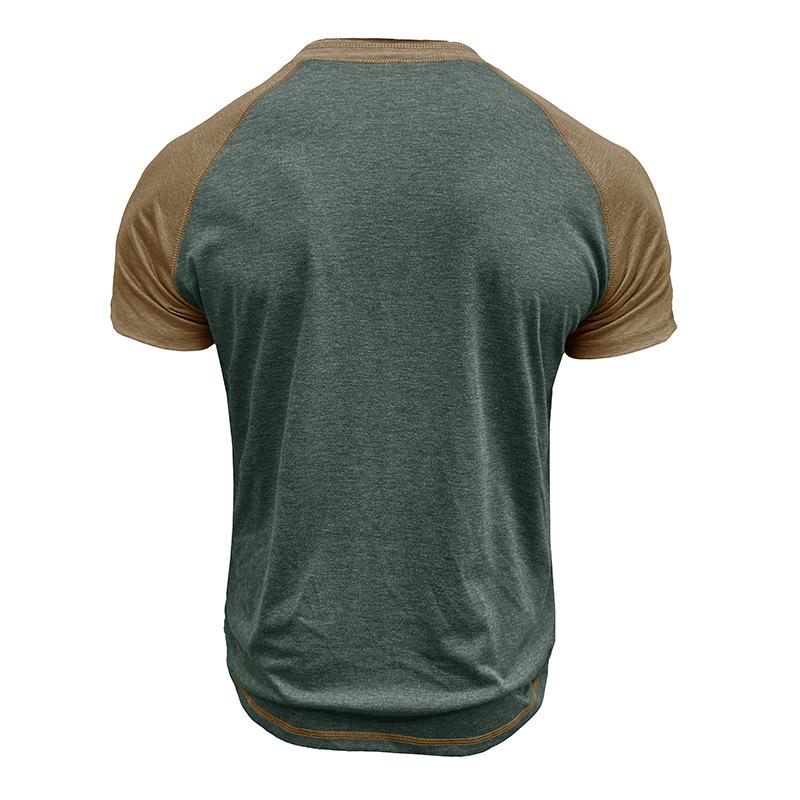 Men's Summer Short Sleeve T-Shirt Fashion Patchwork Henry Collar Button Casual Tees Tops