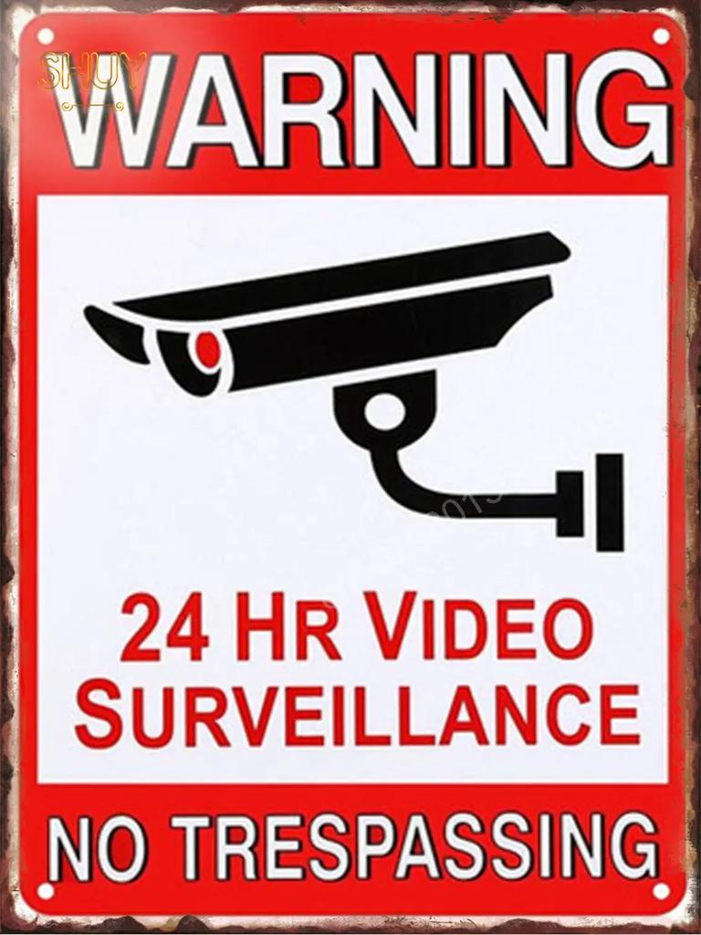 Retro Metal Tin Sign S Warning Red 24 Hour Video Surveillance Custom Painting Picture for Shop Bar Cafe English &Spanish Word