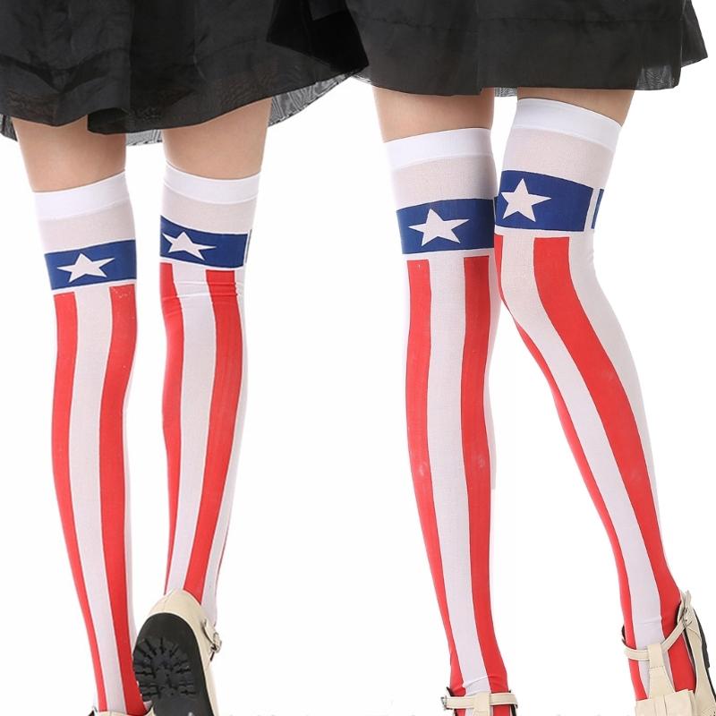 Women American Flag Star Striped Printed Over Knee Long Socks Thigh High Stockings for Independence Day Cosplay Costume