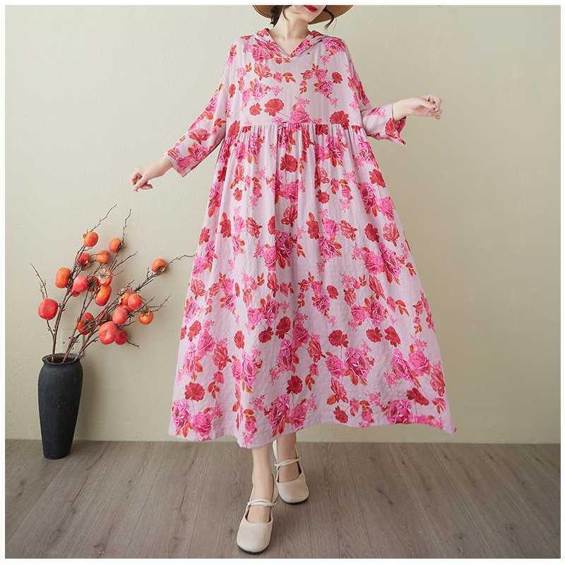 Ladies' Gentle Wind and Cloud Brocade Cotton and Hemp Hooded Printed Dress