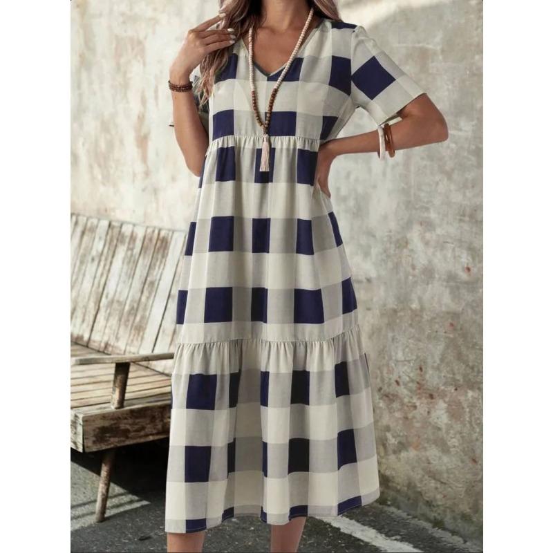 

Женское клетчатое летнее модное и стильное платье с V-образным вырезом и короткими рукавами XXL синий