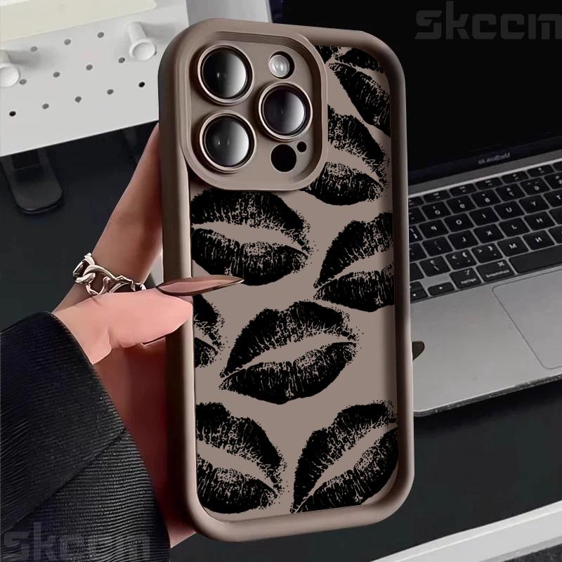 Custodia per Telefono in Morbido Silicone con Stampa Bacio Labbra Nere e Rosse per iPhone 16 Pro Max 15 14 Plus 11 12 13 7 8 Plus X XS XR 16E Cover