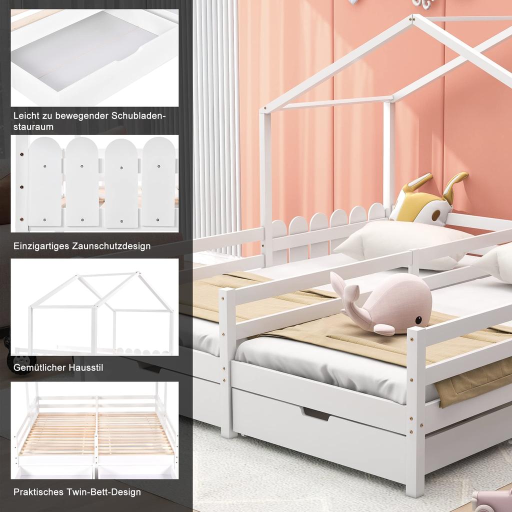 Flieks Children's Bed House Bed 90x200 Cm with 2 Drawers Double Bed, Versatile Wooden Treehouse Bed for Girls & Boys