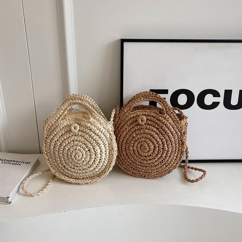 Runde Umhängetasche aus Stroh, handgefertigt, gewebte Schultertasche für Damen, Sommer-Strandtasche, Bohemia-Reisetasche, kleine Handtasche und Geldbörse