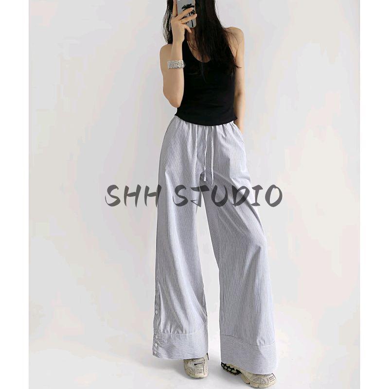 Summer New Product Women's Clothes American Casual Style High Waist Drawstring Decoration Draping Effect Stripes Straight-leg Long Wide-Leg Pants