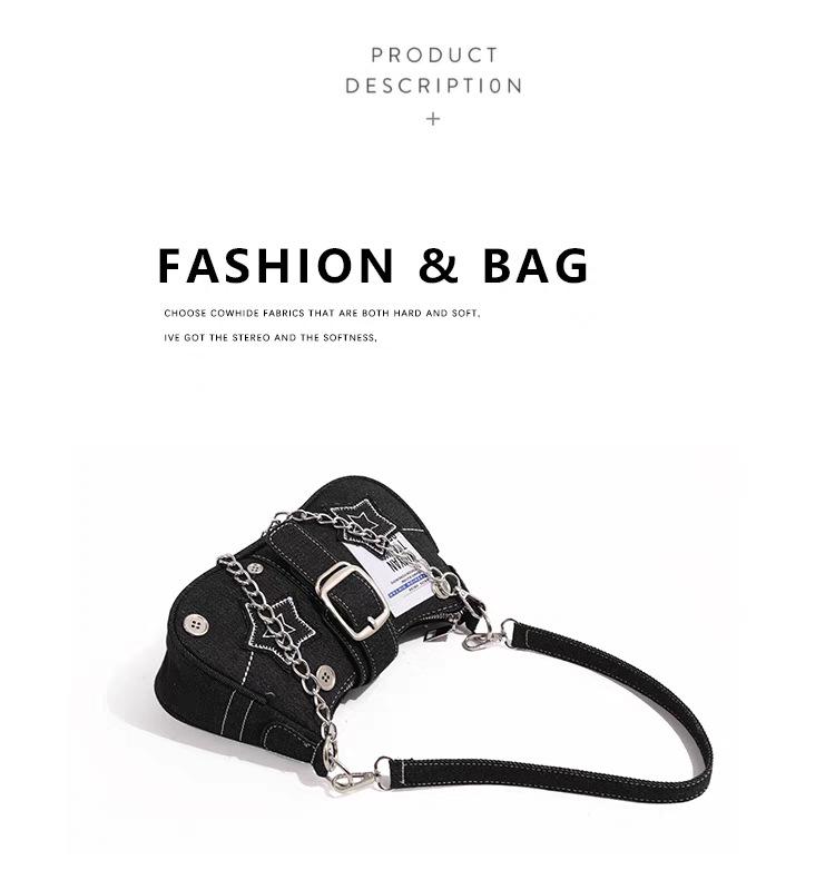 Hot Girl Denim Motorcycle-Style Shoulder Bag: Small, Versatile, Large Capacity Handbag for Women