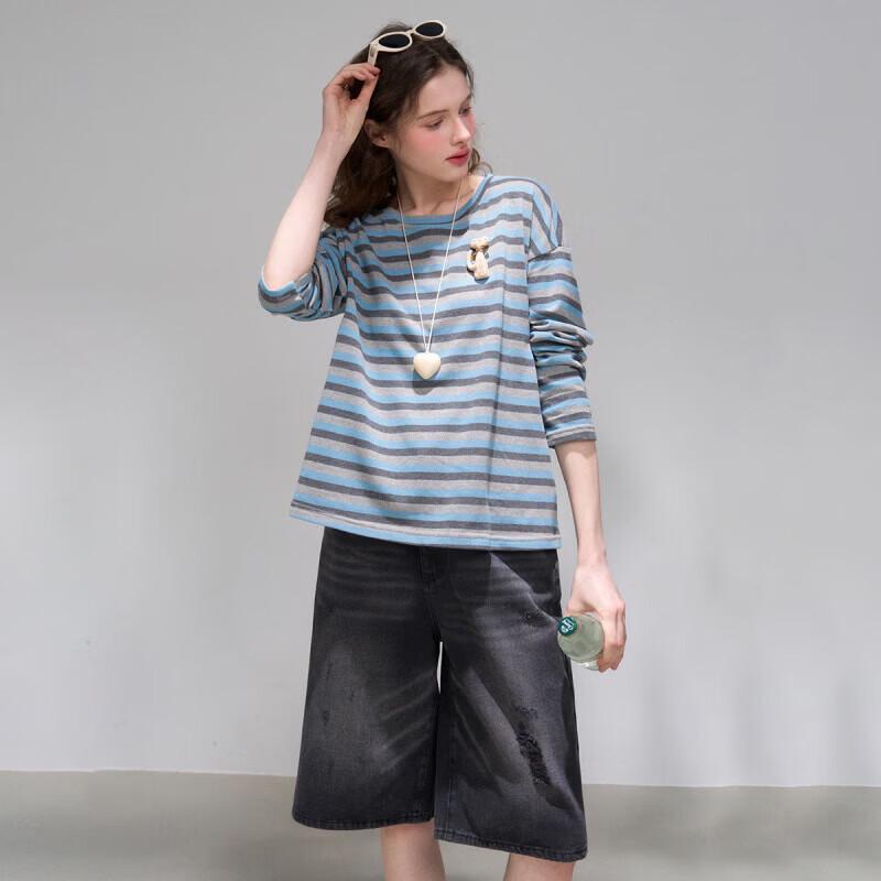 Korean-Style Oversized Color-Block Striped Crew Neck Long Sleeve T-Shirt
