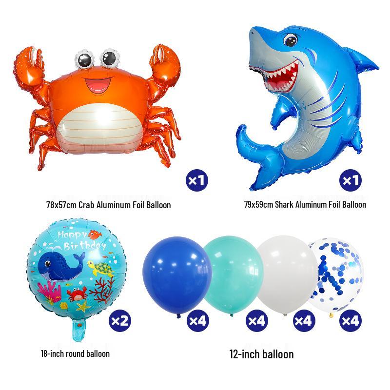 Marine Animal Blue Sequins Latex Balloon Set for Birthday - Crab, Shark, Ocean Theme
