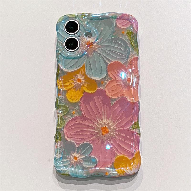 

Luxury Blue Light Oil Painting Flowers Wavy Phone Case For iPhone 17 Air 16 15 14 13 12 11 Pro Max Shockproof Protective Cover iPhone 15 Pro Max синій