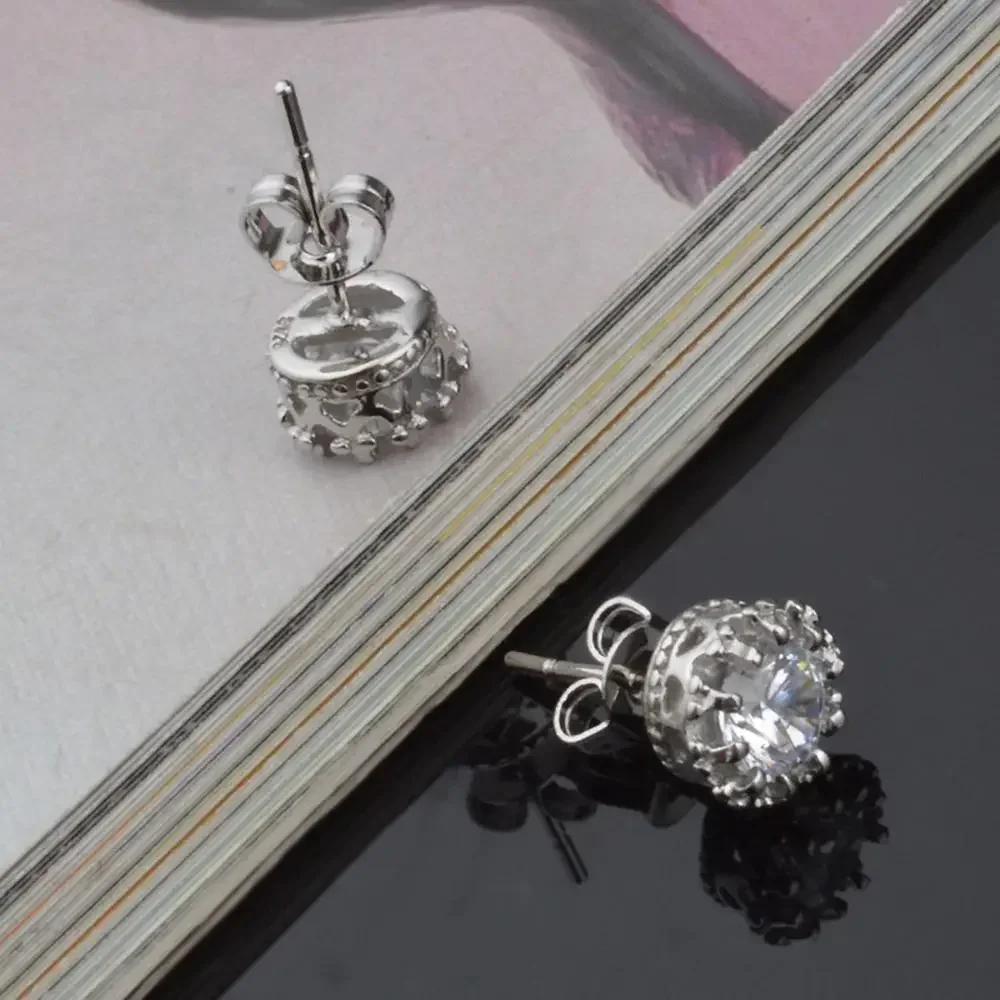 Gold Color Delicate Crown Small Stud Earrings Sparkling Round CZ Zircon Crystal for Women Men Classic Fashion Party Jewelry