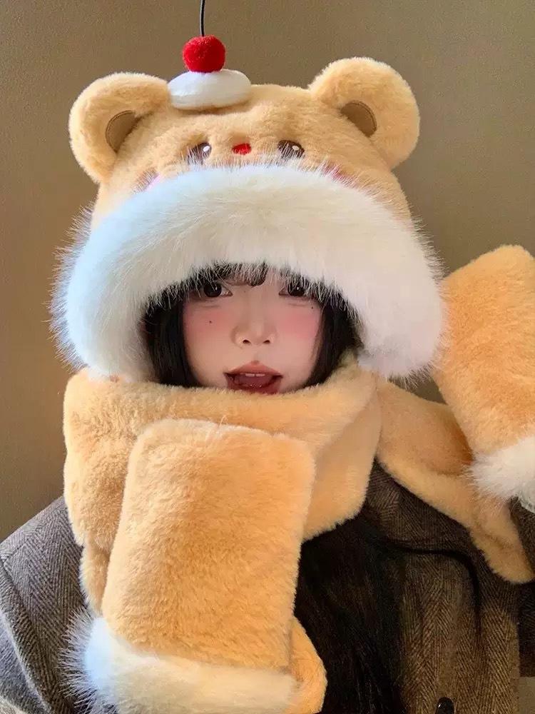 Women's Winter Fox Ears Plush Hat and Scarf Set - Thick, Warm Ear Protection for Cycling