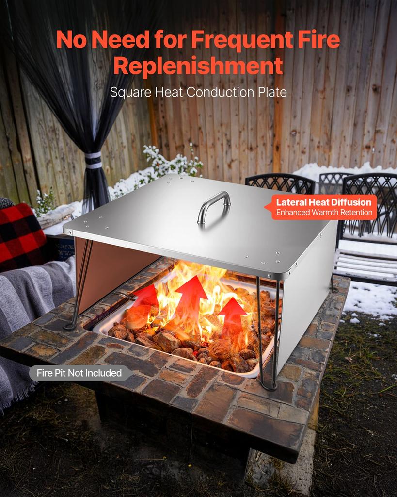 VEVOR Fire Pit Heat Deflector, 645x645x370 Mm Square Outdoor Burner Cover, Stainless Steel Bonfire Camping Wood Burning