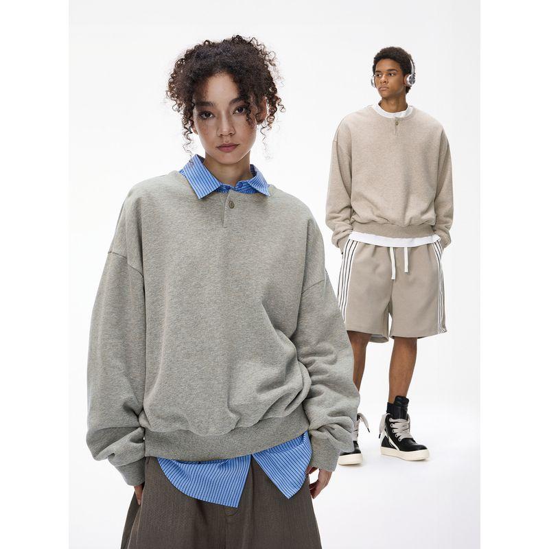 American-Style Fog Retro Henry Collar Sweatshirt for Men, 2025 Autumn Trendy Brand, Boxy Loose High Street Solid Color Warm Top