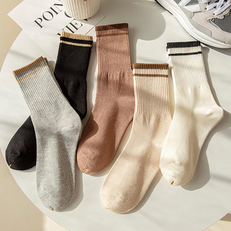 2Pair Socks Solid Color Striped Socks Casual Cotton Sports Socks