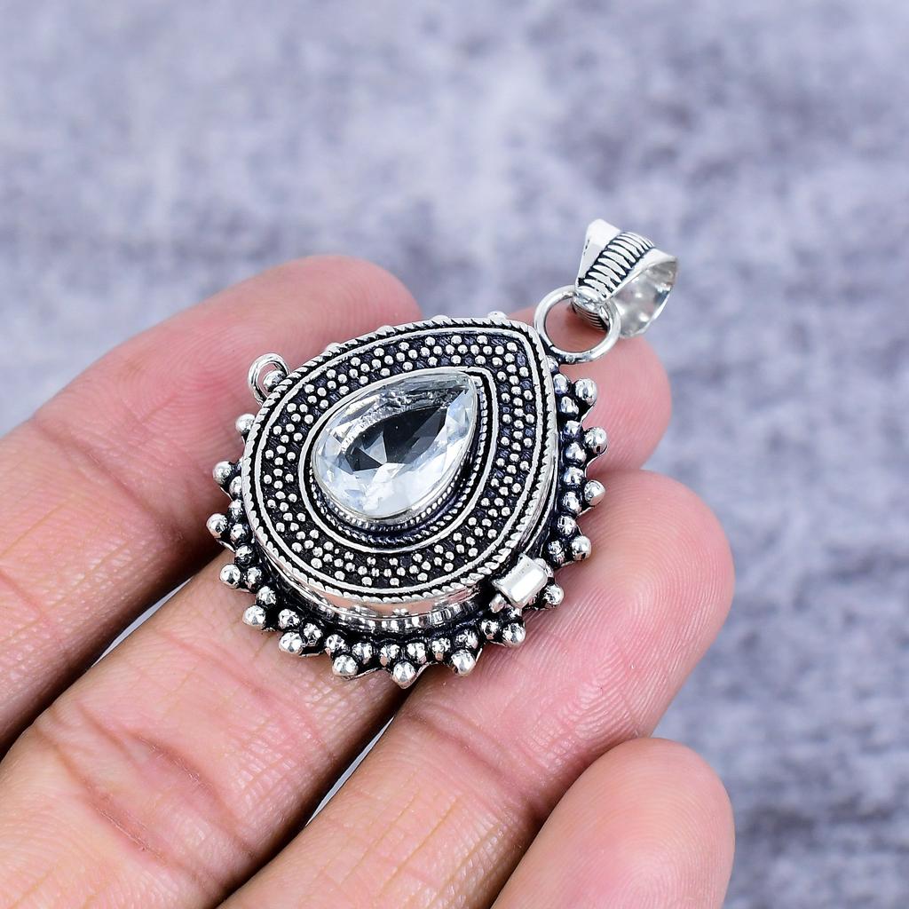 White Topaz Gemstone Handmade 925 Sterling Silver Jewelry Pendant 1.81" M-2686