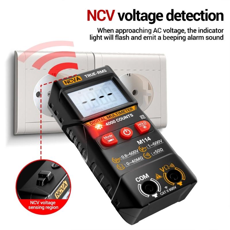 M114 4000 Counts Multimeter Digital Voltage Tester LCD Backlit Screen Multifunction NCV Resistance Testing Tool