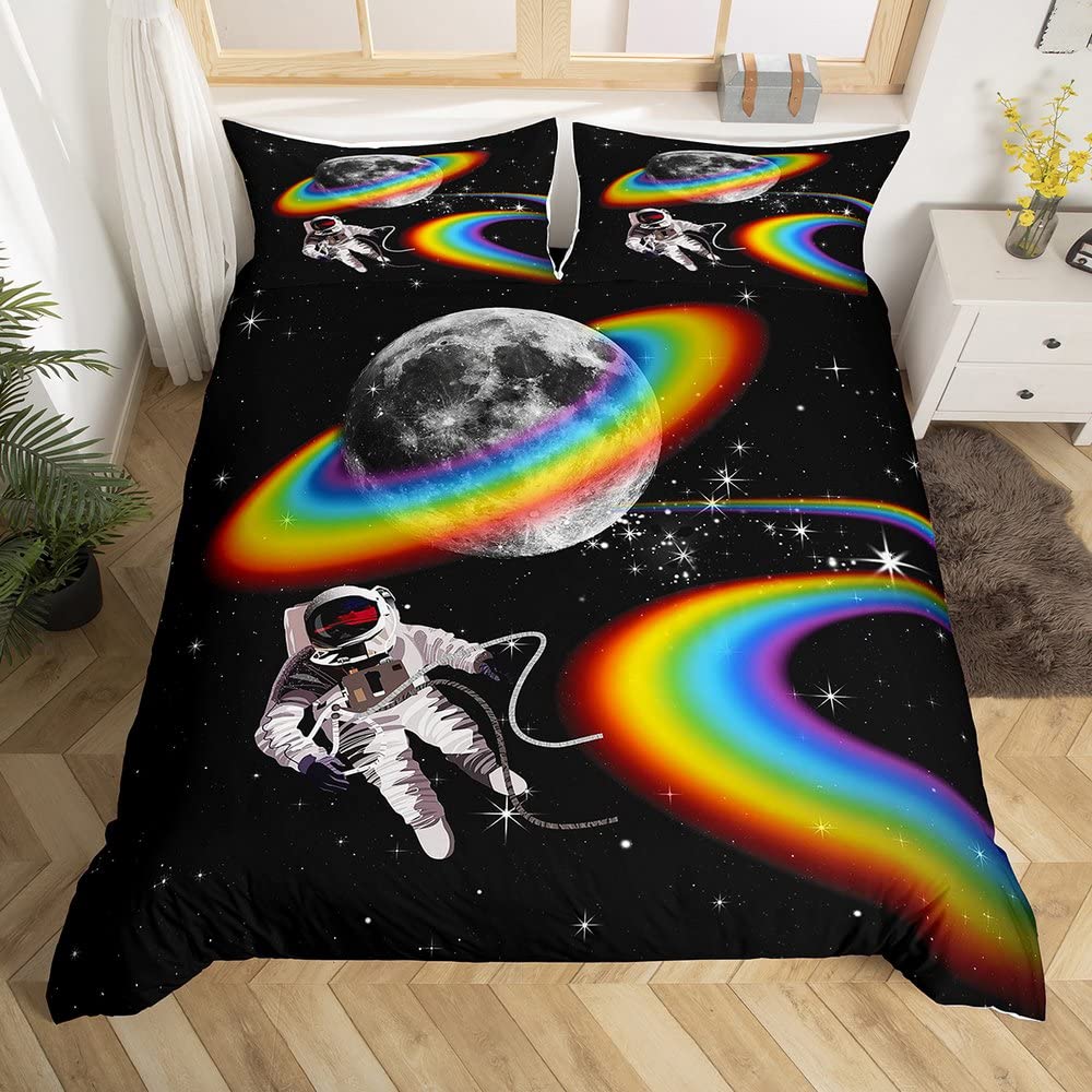 Cartoon Astronaut Duvet Cover Set Moon Clouds Starry Sky Quilt Cover Microfiber Galaxy Bedding Set Twin King For Boys Girls Gift