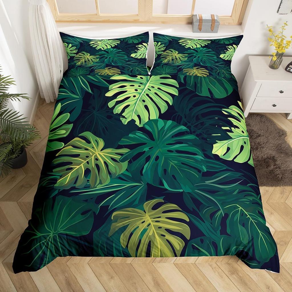 Tropical Botanical Duvet Cover Gold Palm Tree Leaf Comforter Cover King Jungle Nature Theme Watercolor Plant Leaves Bedding Set