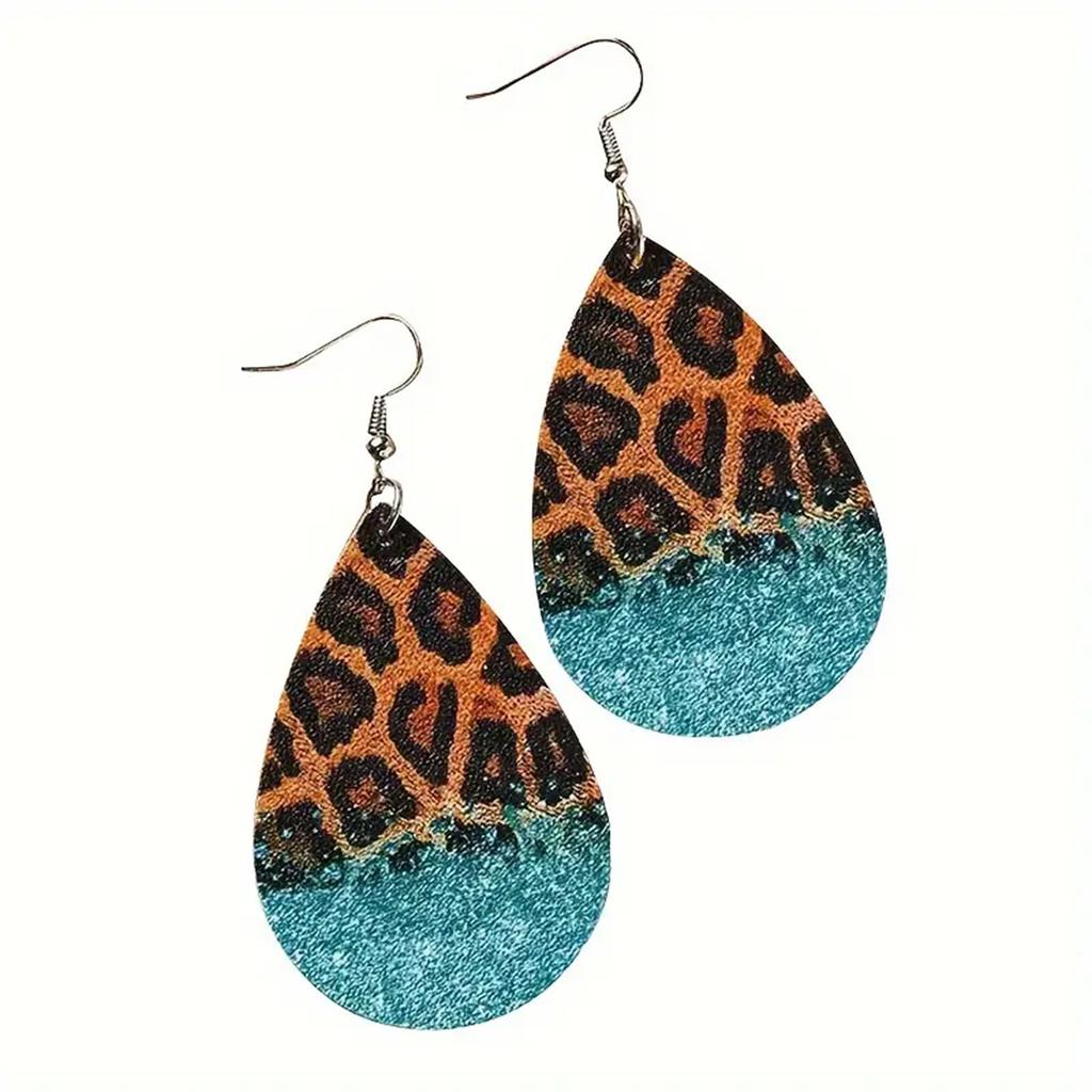 1 Pair Antique Water Drop Spray Double Sided PU Earrings, Western Style Leopard Print Leather Earrings, Suitable for Daily Wear