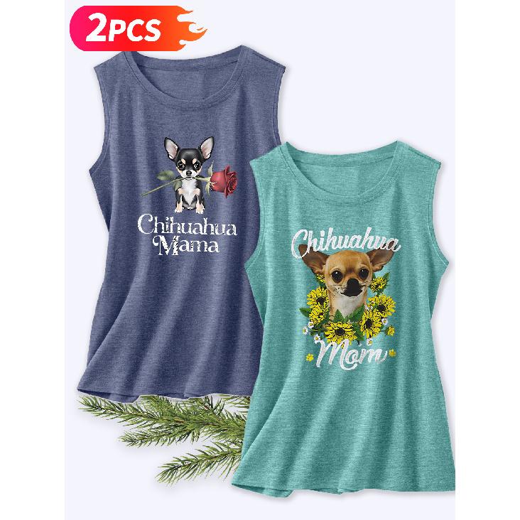 Follow a Specific Direction Two-piece Women's Vest Set Chihuahua Sunflower Rose Print Elegant Summer Party Outfits Sleeveless Vest Essential Fashion