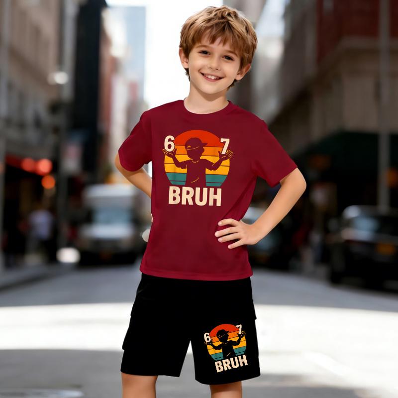 Boys 2 Piece Popular Meme "67 Bruh" Printed Outfit, Short Sleeve T-Shirt and Shorts Set for Kids Age 5-14,Black and White Sporty Casual Summer Clothes