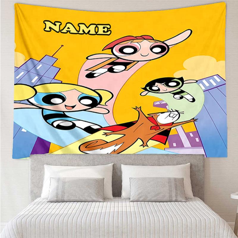 Custom Name The Powerpuff Girls Print Tapestry, Backdrop, Easy Setup, Ideal for Bedroom, Office & Living Room, with Aesthetic Wall Hanging Decor.