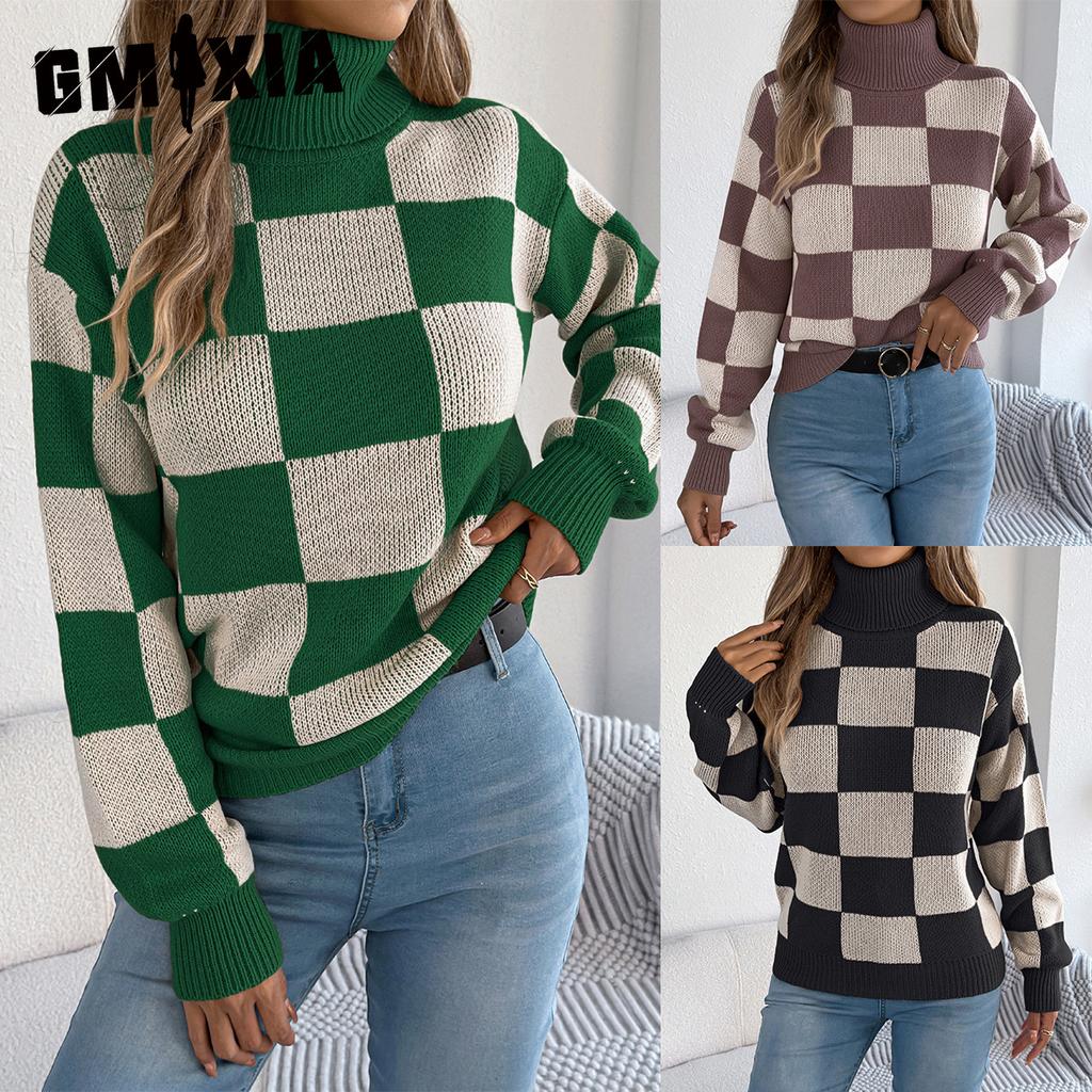 GMXIA Autumn and Winter Casual High-neck Contrasting Color Checkered Lantern Long-sleeved Sweater Women's Wear