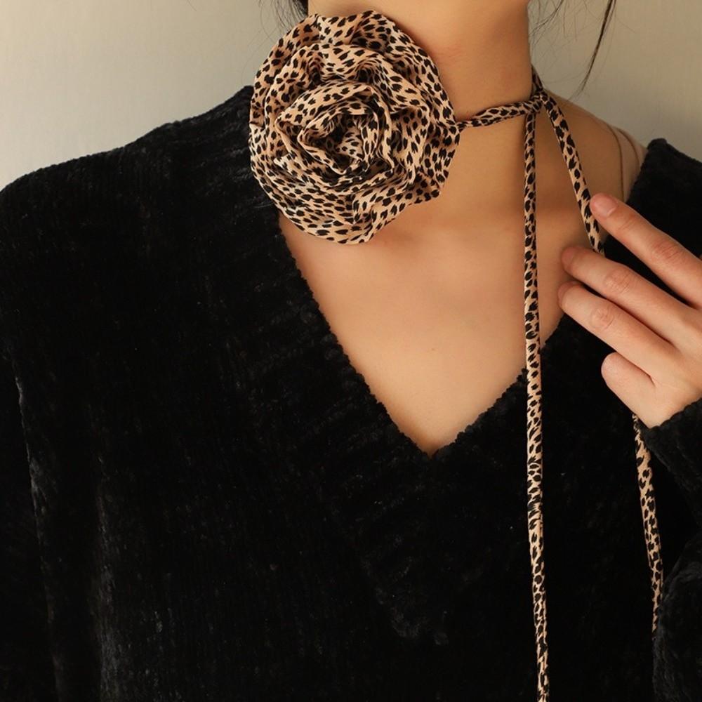Korean Style Flower Clavicle Chain Elegant Leopard Print Chocker Vintage Chiffon Necklace  Party