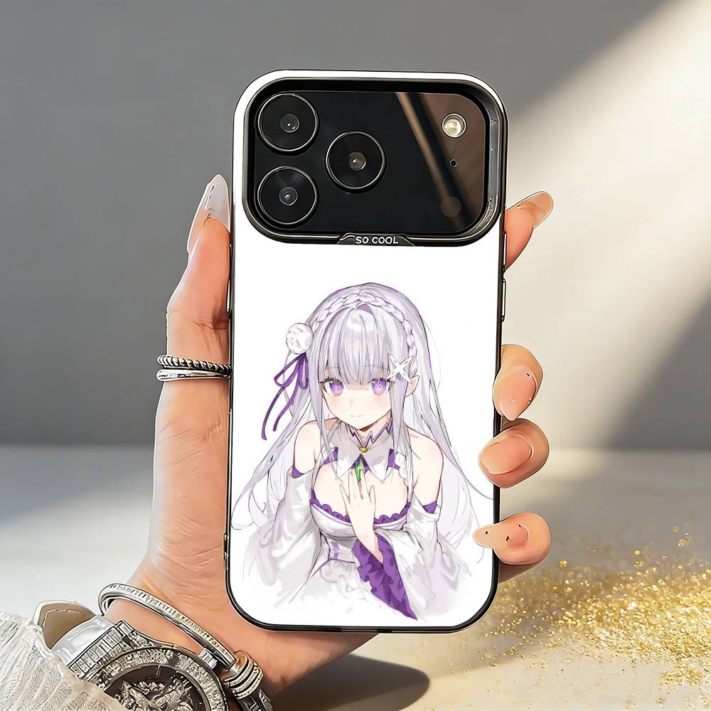 Re Zero Rem Emilia Phone Case For iPhone17 16 15 14 13 12 Pro Max Grey Black Matte Laser Metallic Aurora Funda