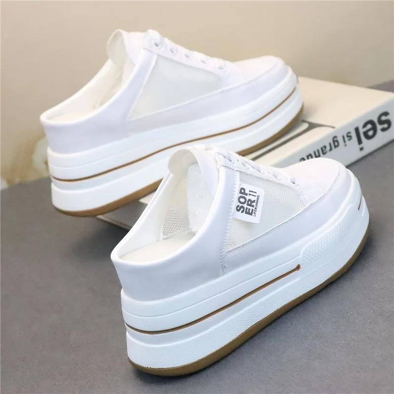 Fashion 8CM Women Summer Shoes Slippers White Genuine Leather Air Mesh Breathable Platform Wedge Heel Mules Shoes Chunky Footwear