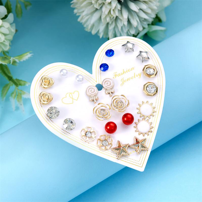 European & American Gold Fashion 12-Pair Rhinestone Stud Earring Set: Hearts, Feathers, Figure 8, Stars