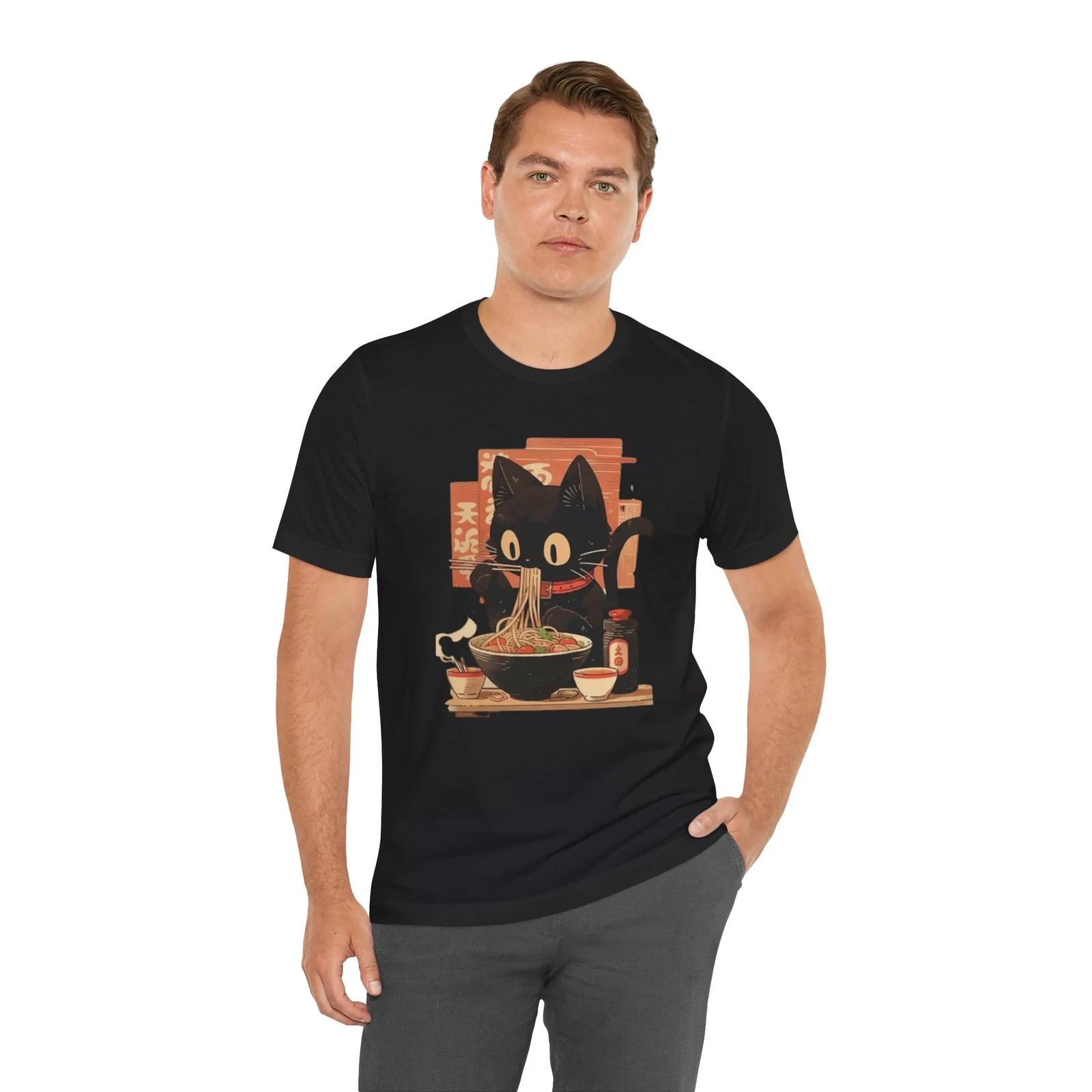 Cartoon Black Cat Unisex Tee - Funny Cat Eating Pho Shirt M