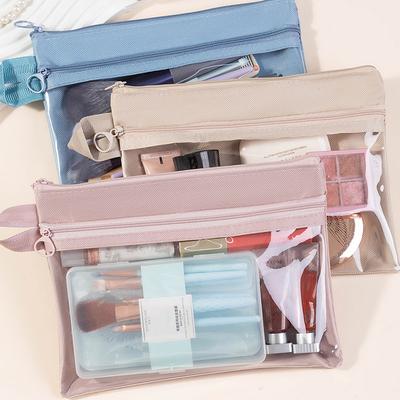 Bolsa de Armazenamento Transparente Simples Portátil de Viagem Impermeável com Zíper de Camada Dupla para Artigos de Higiene Pessoal, Cabos de Dados, Cartões, Joias, Maquiagem