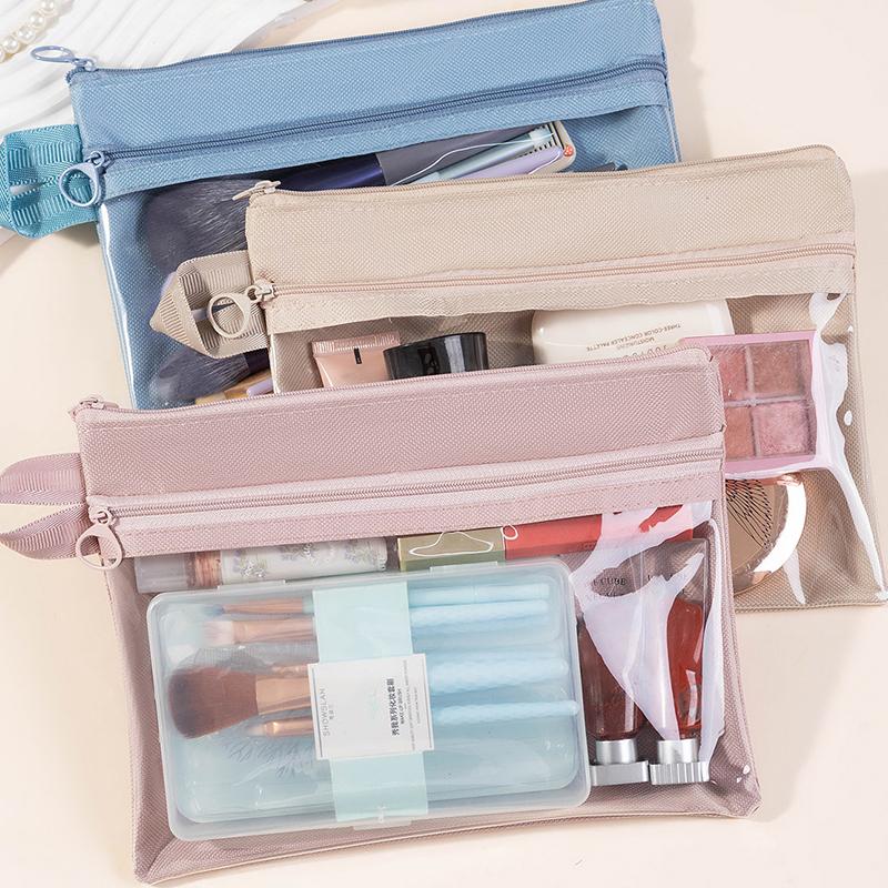 Bolsa de Armazenamento Transparente Simples Portátil de Viagem Impermeável com Zíper de Camada Dupla para Artigos de Higiene Pessoal, Cabos de Dados, Cartões, Joias, Maquiagem