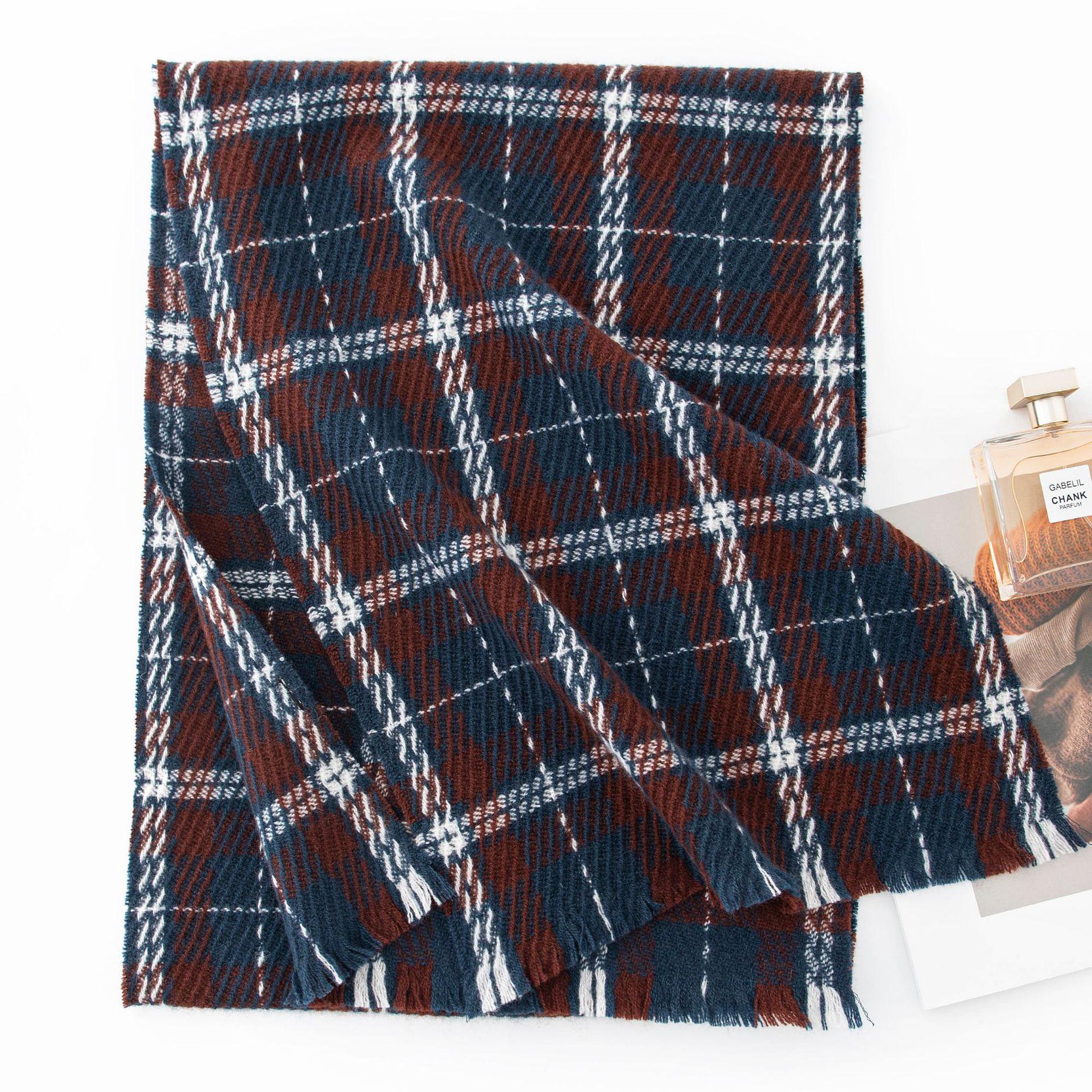 High-End Unisex Retro Plaid Wool Scarf - Versatile & Thickened Winter Red Patchwork Design 190*35cm