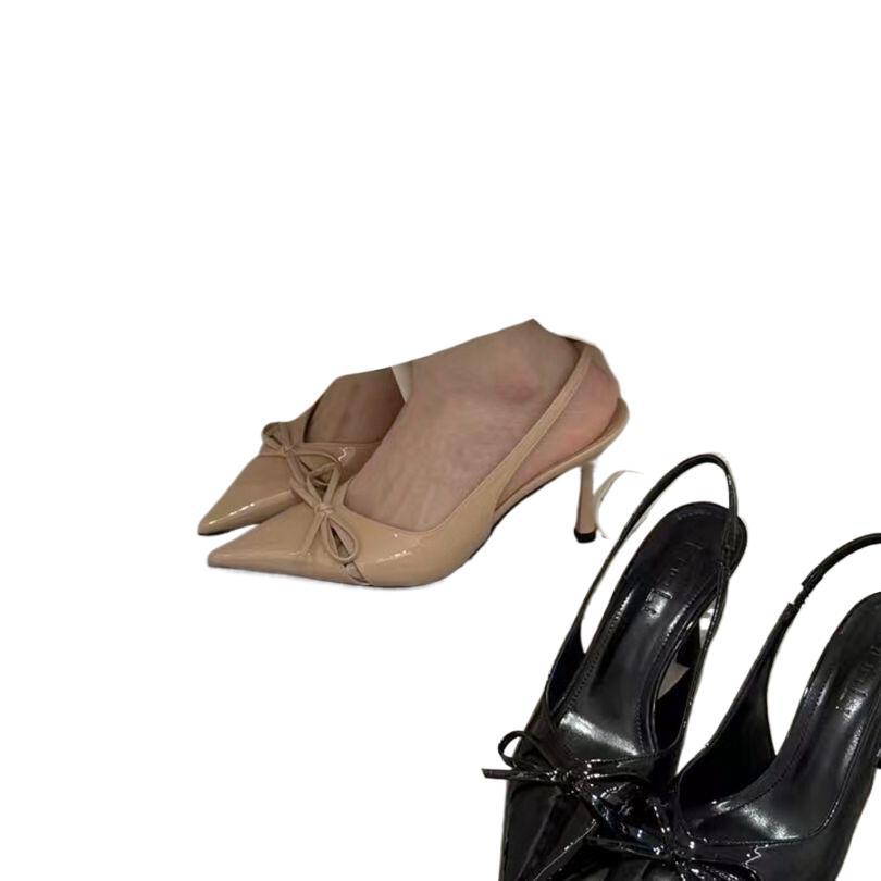 Patent Leather Bow Pointed Head Thin Heel High Heels High Sense Light Luxury Women'S Sandals Light Mouth Single Shoes