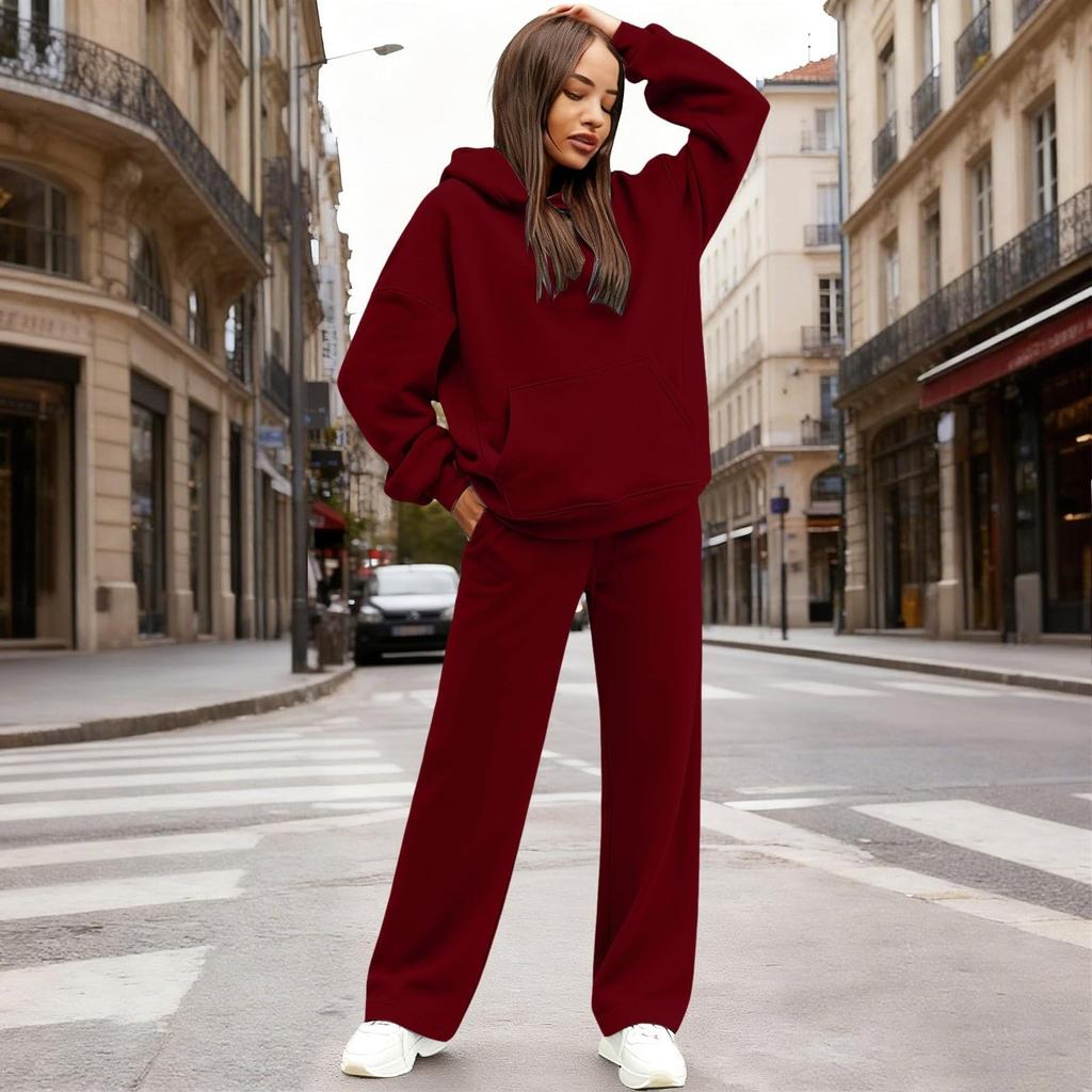 Dámská módní mikina s kapucí volného střihu s kapsami a souprava kalhot podšitých fleecem