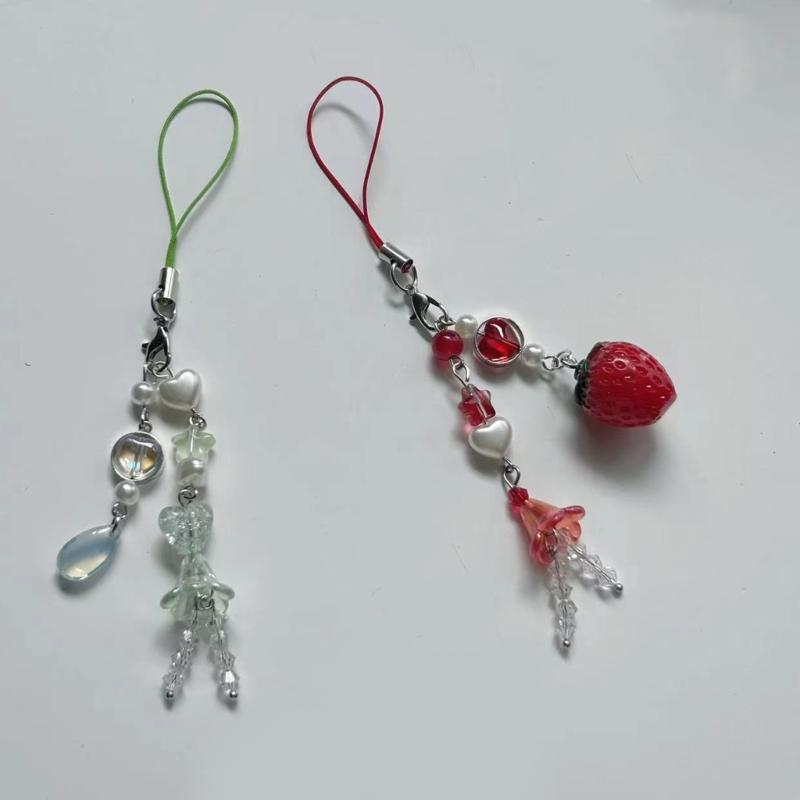 Sweet Strawberry Beaded Phone Charm Straps Car Key Hangings Pendants Fashion Bag Decoration Lanyard Purse Accessories