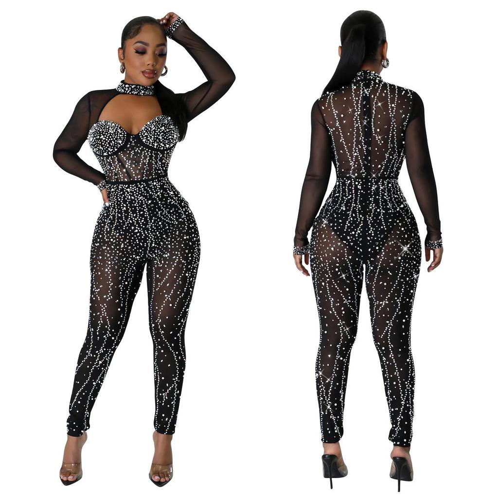 Combinaison en maille à manches longues pour femme avec design strassé