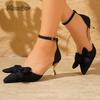 Fashion Elegant Bowtie Decor High Heel Sandals for Women Plus Size Cotton Pointed Toe Party Shoes Summer Ankle Buckle Thin Heels Sandals