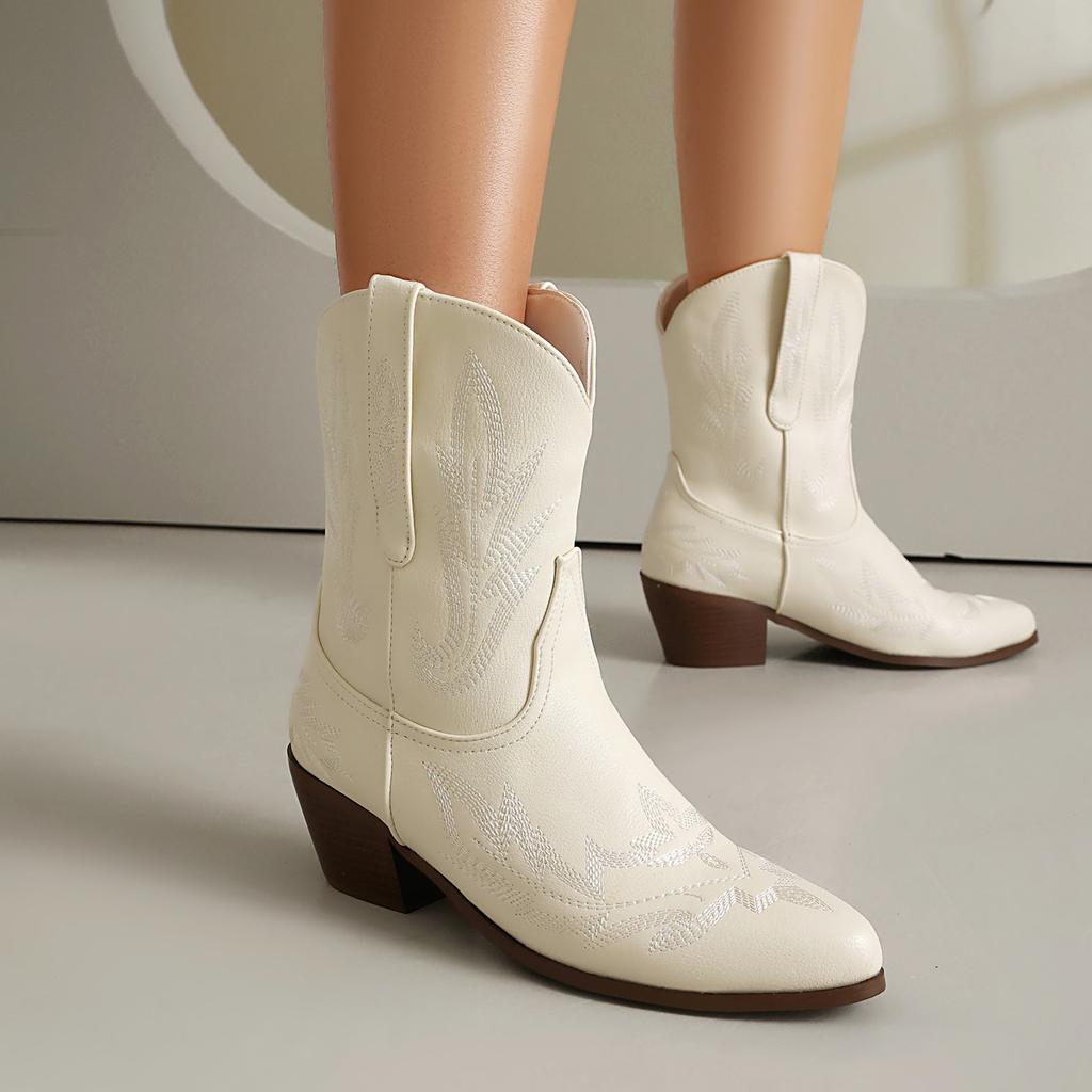 Cowboystiefel Damen Stickerei Western Cowgirl Stiefeletten Knöchel Schlupf Chunky Heel Schuhe für Country Konzert Disco Outfits
