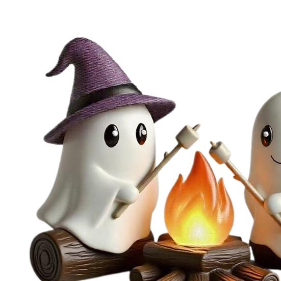 Ghost Campfire Gathering Halloween Decor Cute 2 Ghost And Bonfire Figurine Resin Ghost Night Light for Home Mantel Shelf Desk Decor