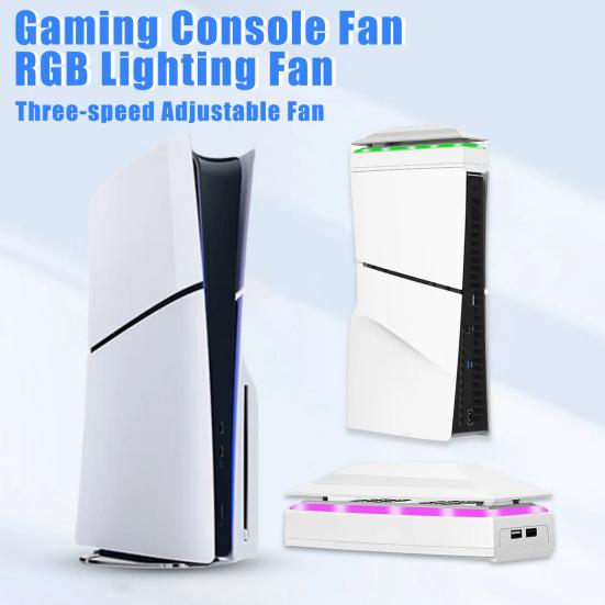 

Вентилятор охлаждения RGB игровой консоли с пылезащитным чехлом, регулируемая скорость, 2 USB-порта, цветной светодиодный светильник, охлаждающий вентилятор для PS5 Slim белый