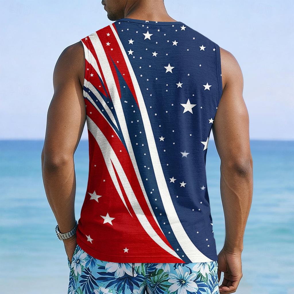 Men's Sleeveless V Neck Tank Top with Abstract Star and Stripe Print Casual Loose Fit Lightweight Shirt for Summer