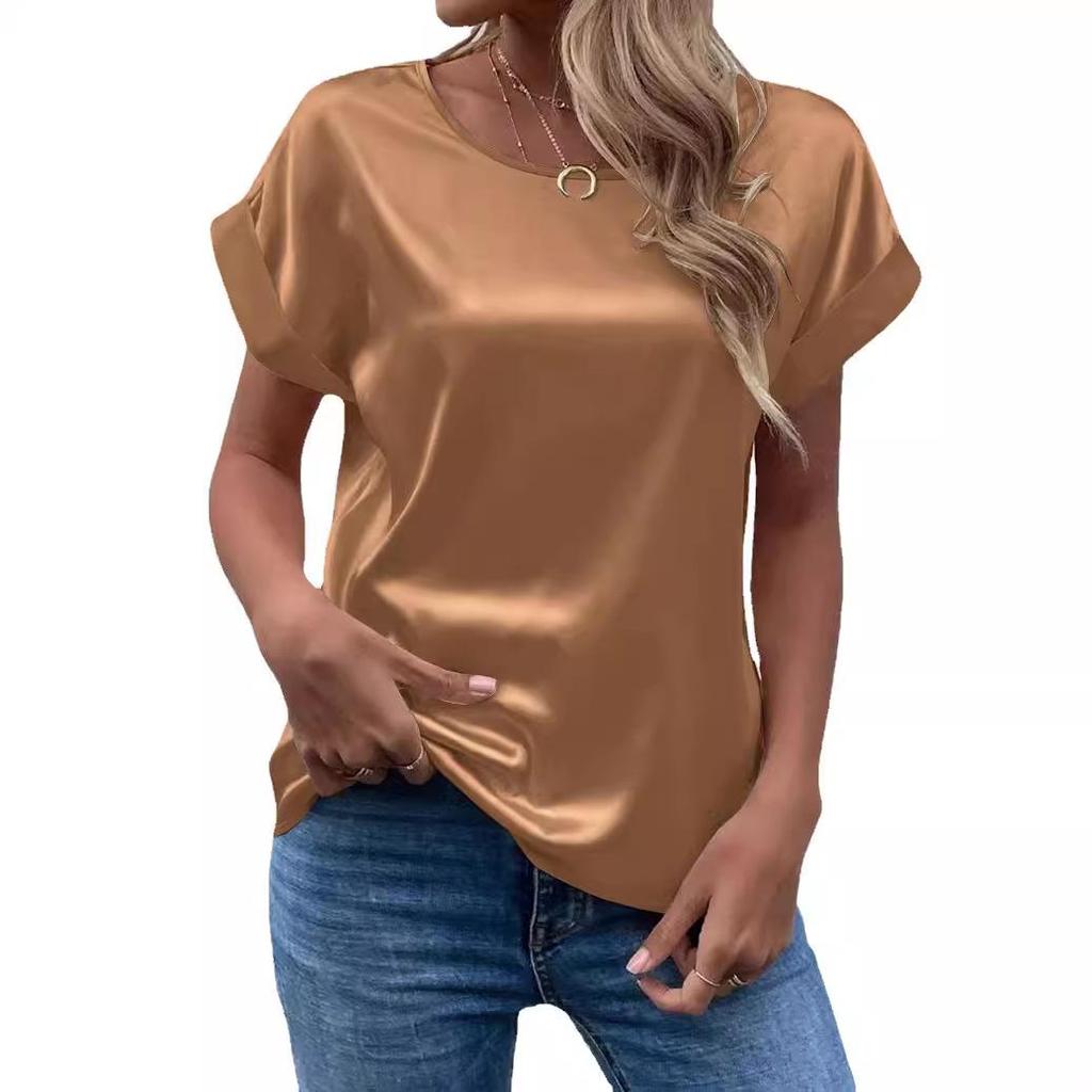 2025 Summer Satin OL Style Round Neck Women's T-Shirt