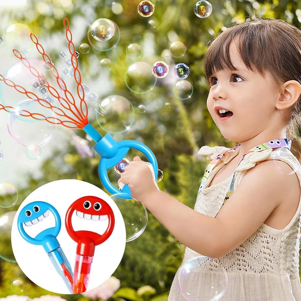 Giocattolo con bacchetta magica a 32 fori con faccina sorridente. Bacchetta magica a cinque griffe per bambini per soffiare bolle, 100 ml