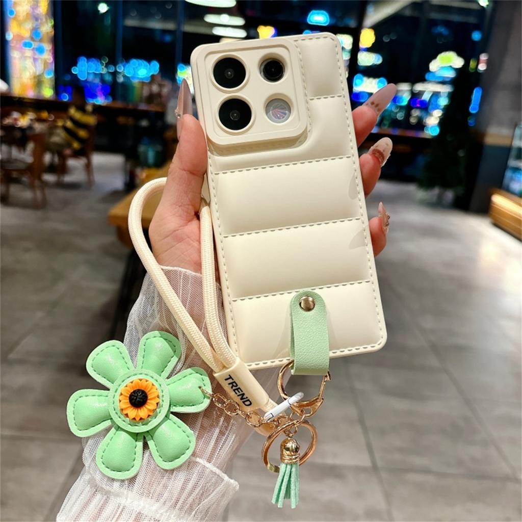 Luxury Soft Down Jacket Sunflower Wrist Strap Phone Case for Xiaomi Redmi Note 14 13 12 Pro Redmi 12 14C 13C Protective Cover